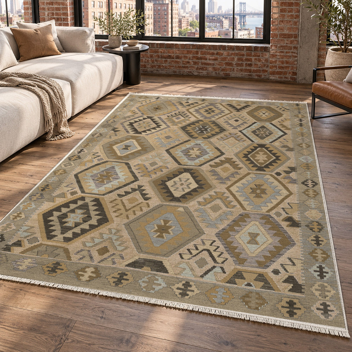 Kilim Hex Beige Ethnic Washable Rug — new york living
