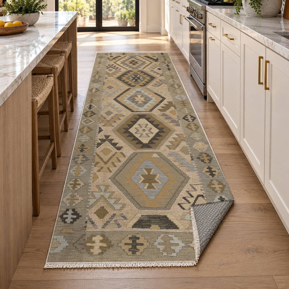 Kilim Hex Beige Ethnic Washable Rug — new york kitchen runner