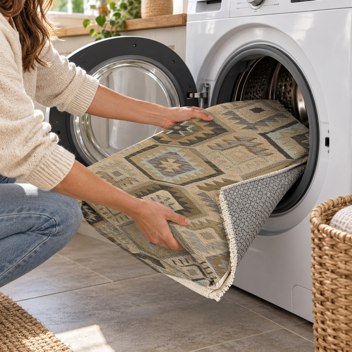 Kilim Hex Beige Ethnic Washable Rug — washing machine
