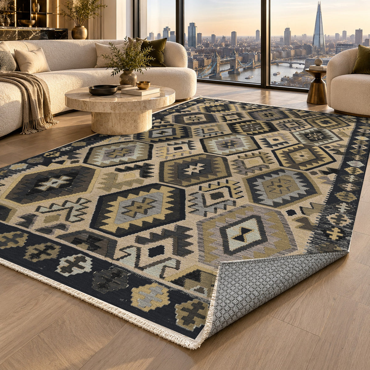 Kilim Hex Black Ethnic Washable Rug — london luxury living