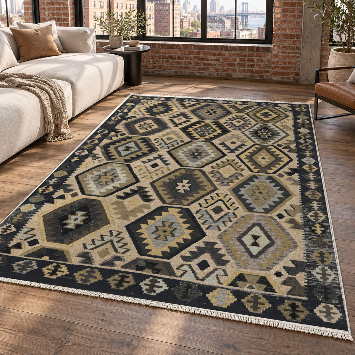 Kilim Hex Black Ethnic Washable Rug — new york living
