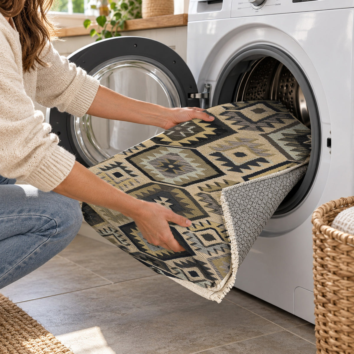 Kilim Hex Black Ethnic Washable Rug — washing machine