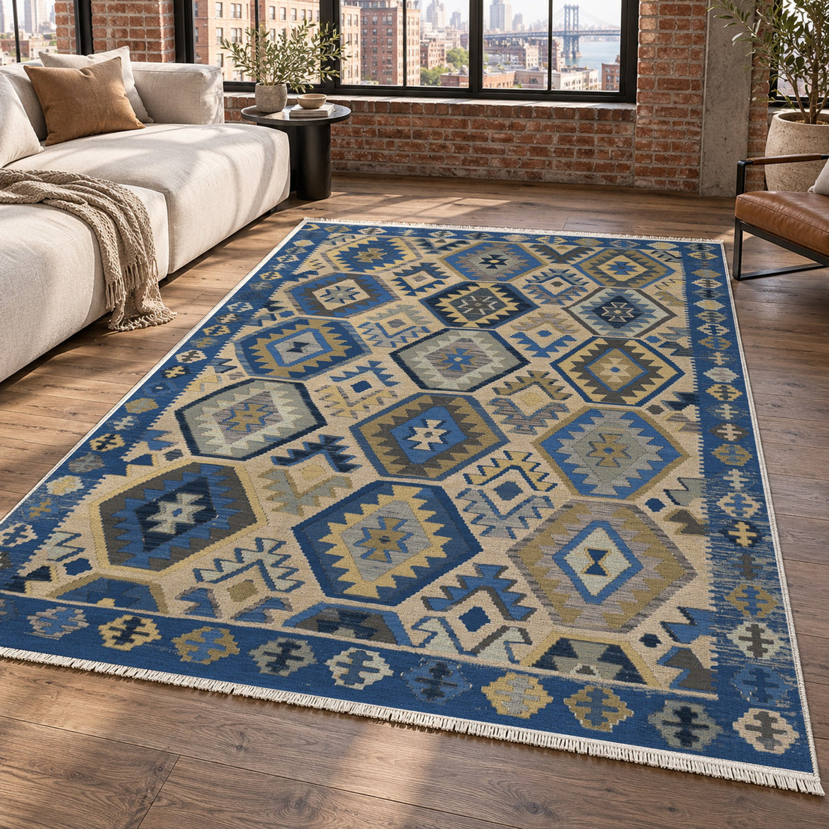 Kilim Hex Blue Ethnic Washable Rug — new york living