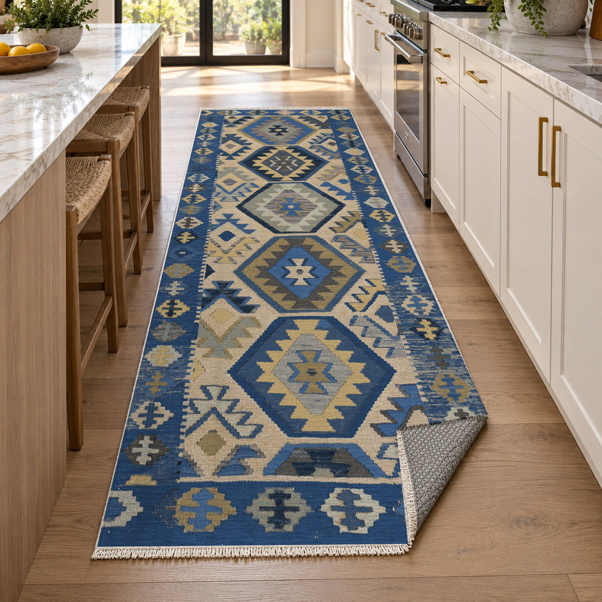 Kilim Hex Blue Ethnic Washable Rug — new york kitchen runner