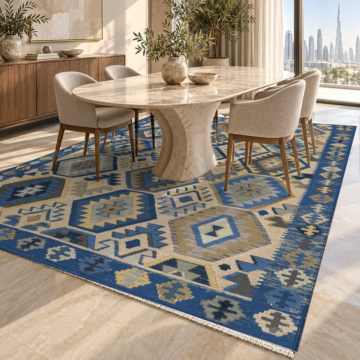Kilim Hex Blue Ethnic Washable Rug — dubai dining