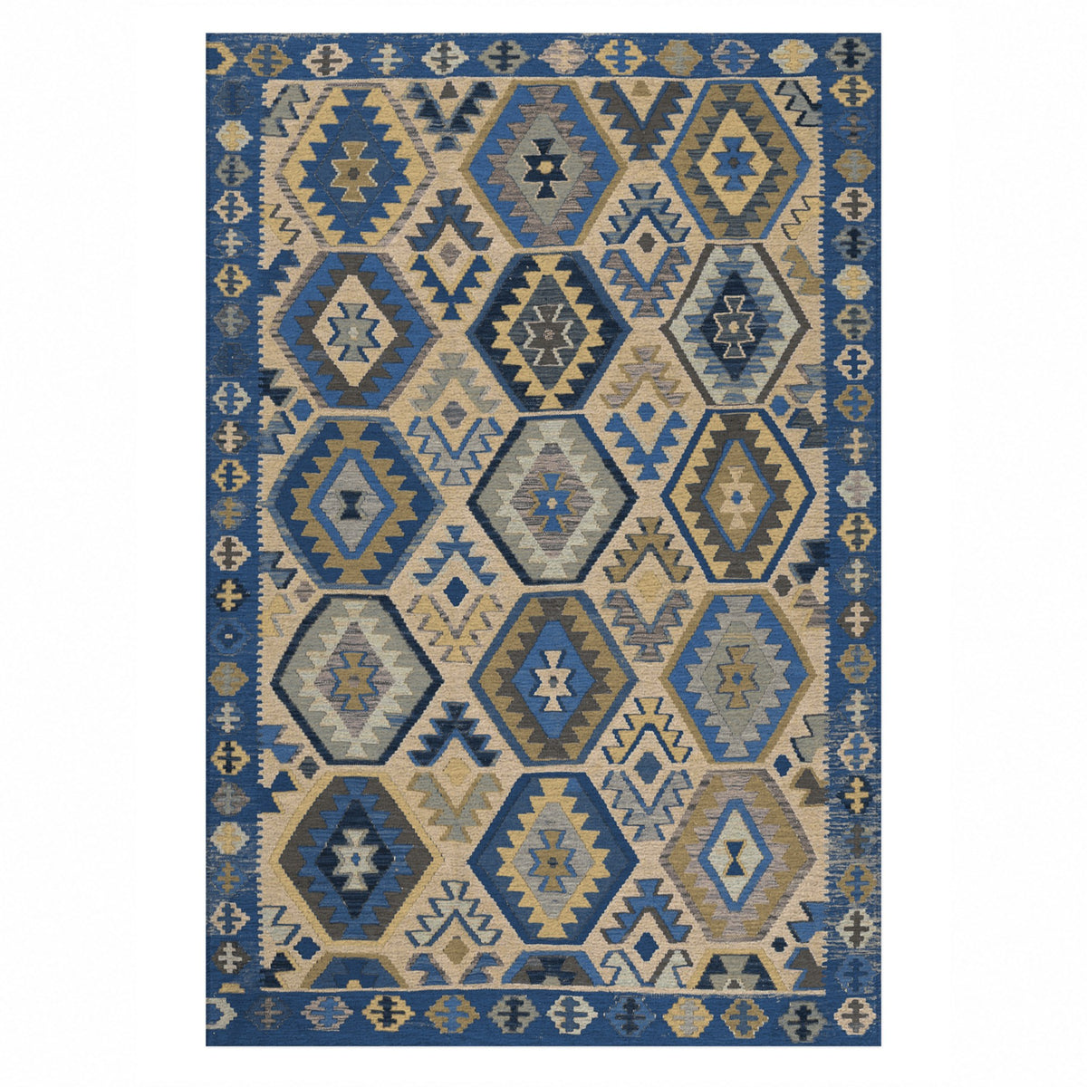 Kilim Hex Blue Ethnic Washable Rug — top view