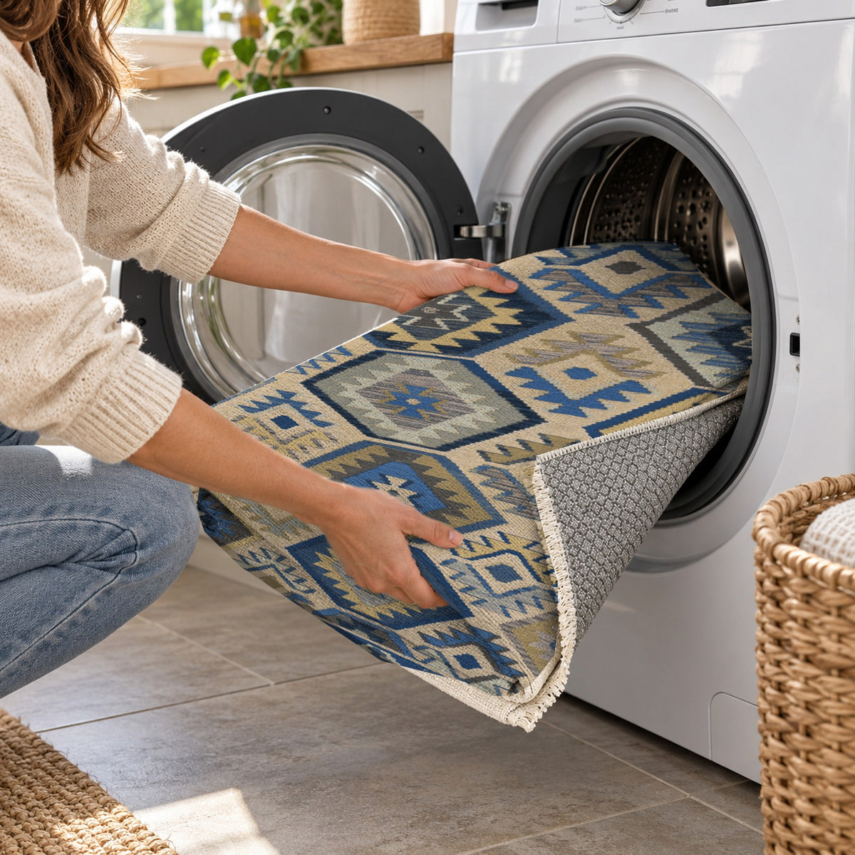 Kilim Hex Blue Ethnic Washable Rug — washing machine