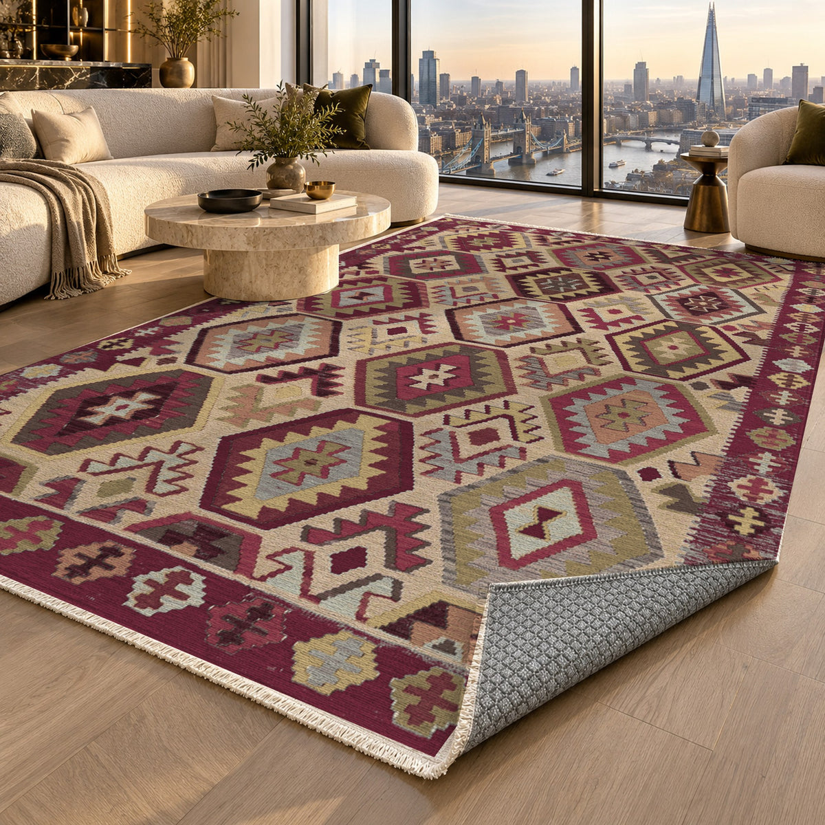 Kilim Hex Burgundy Red Ethnic Washable Rug — london luxury living