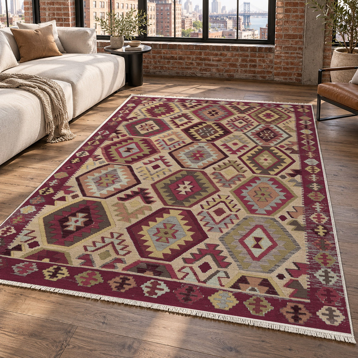 Kilim Hex Burgundy Red Ethnic Washable Rug — new york living