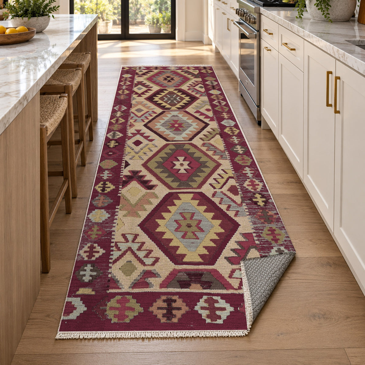 Kilim Hex Burgundy Red Ethnic Washable Rug — new york kitchen runner