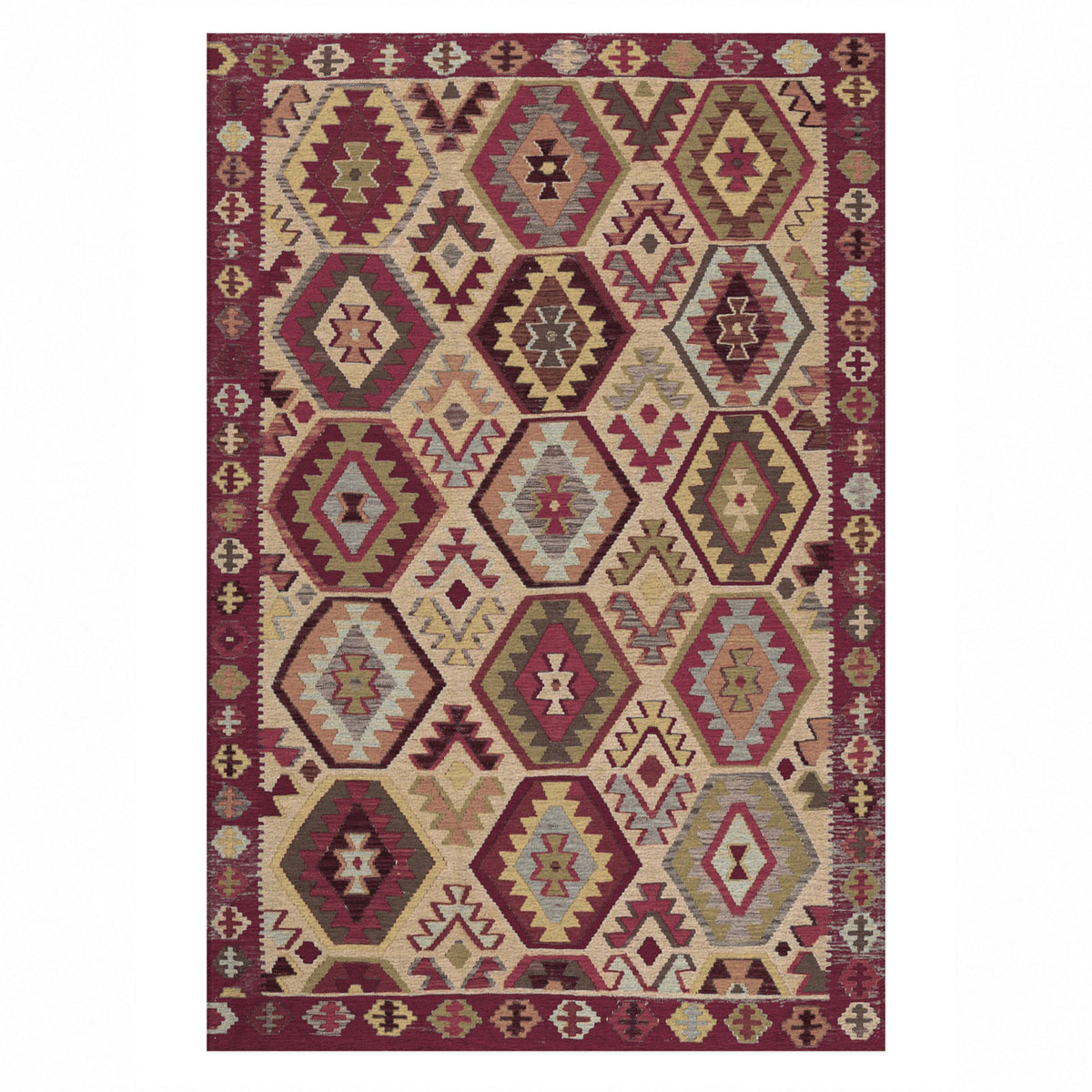 Kilim Hex Burgundy Red Ethnic Washable Rug — top view