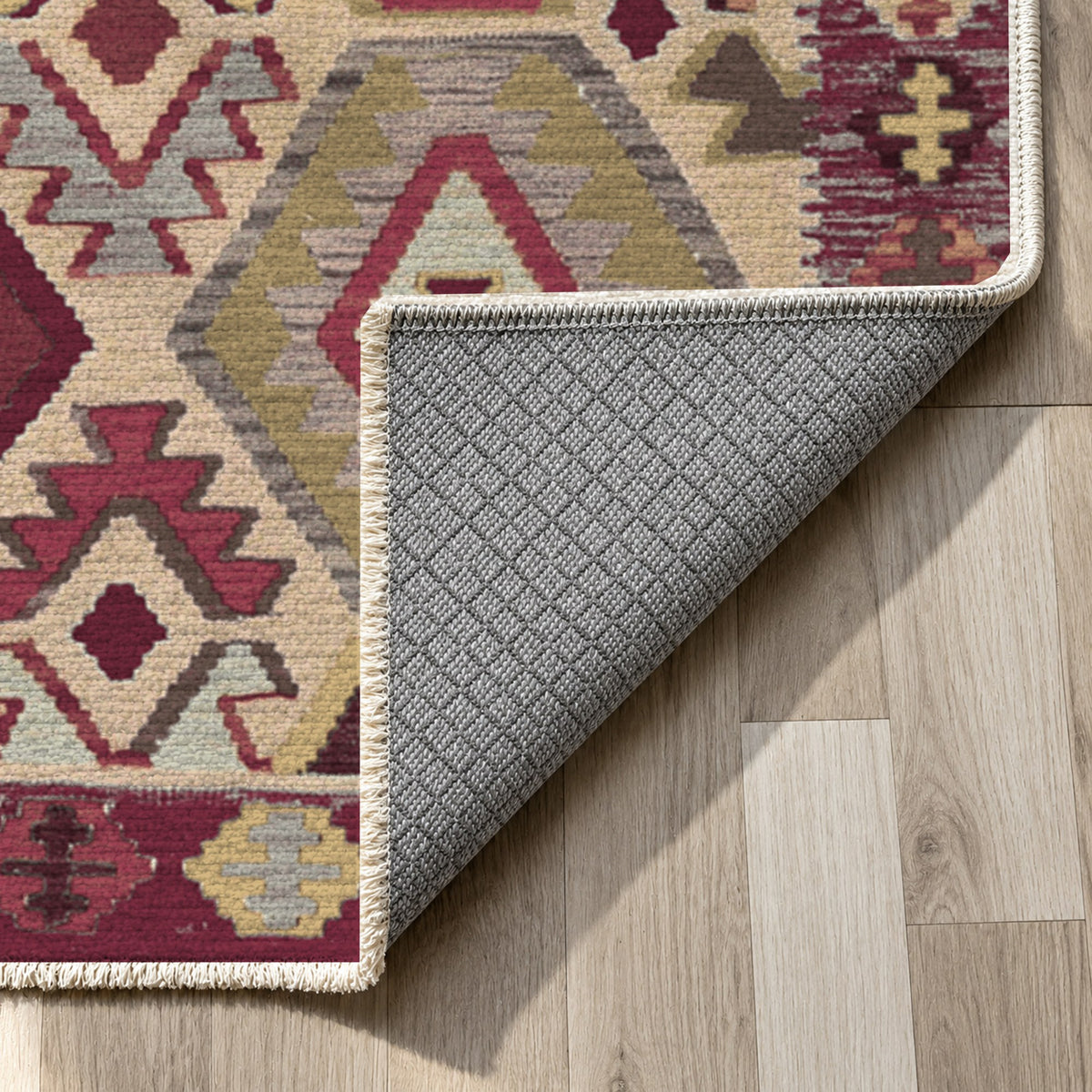 Kilim Hex Burgundy Red Ethnic Washable Rug — backing close up