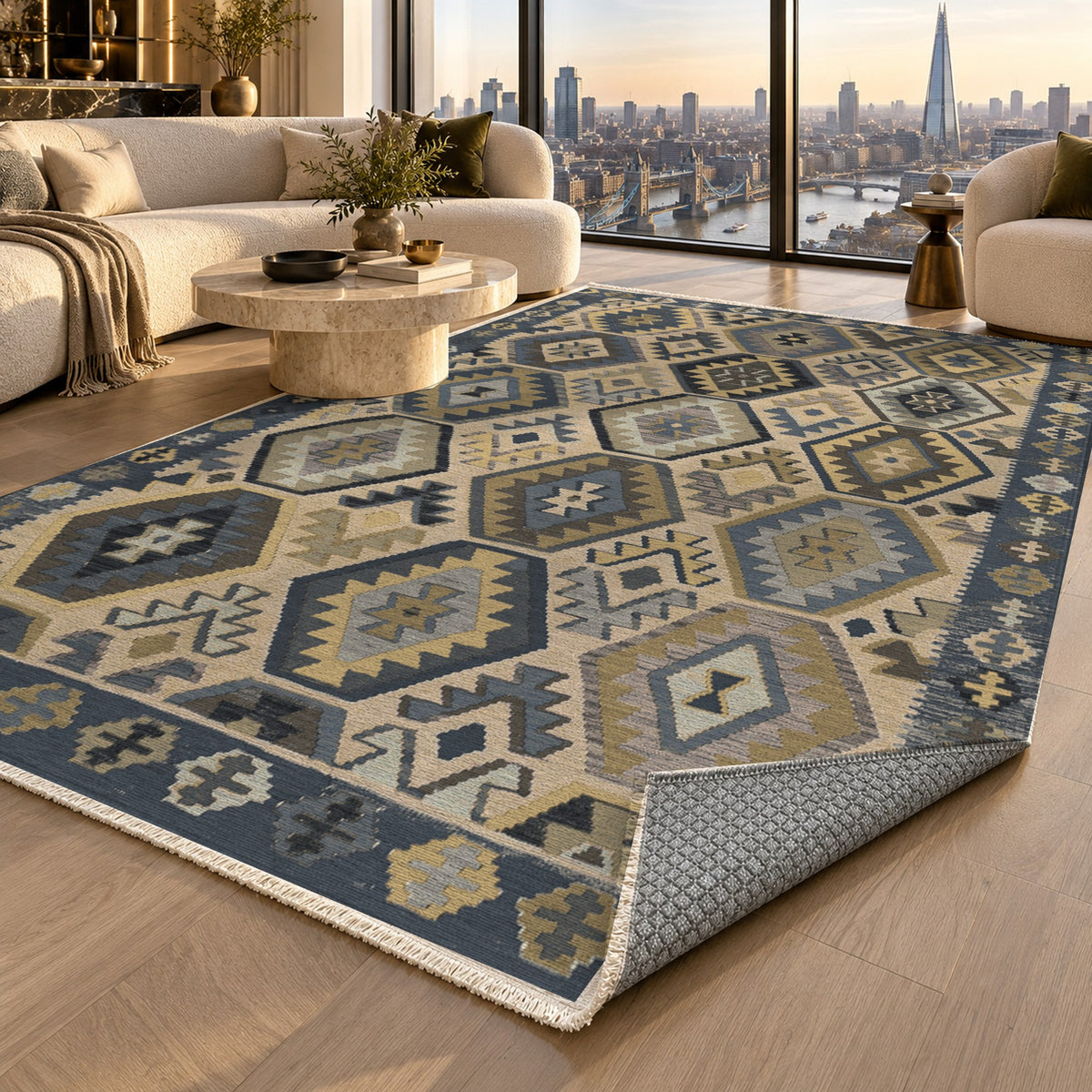 Kilim Hex Charcoal Ethnic Washable Rug — london luxury living