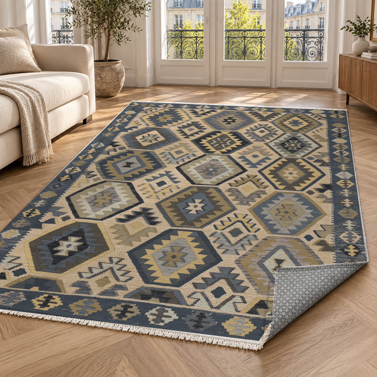 Kilim Hex Charcoal Ethnic Washable Rug — paris living