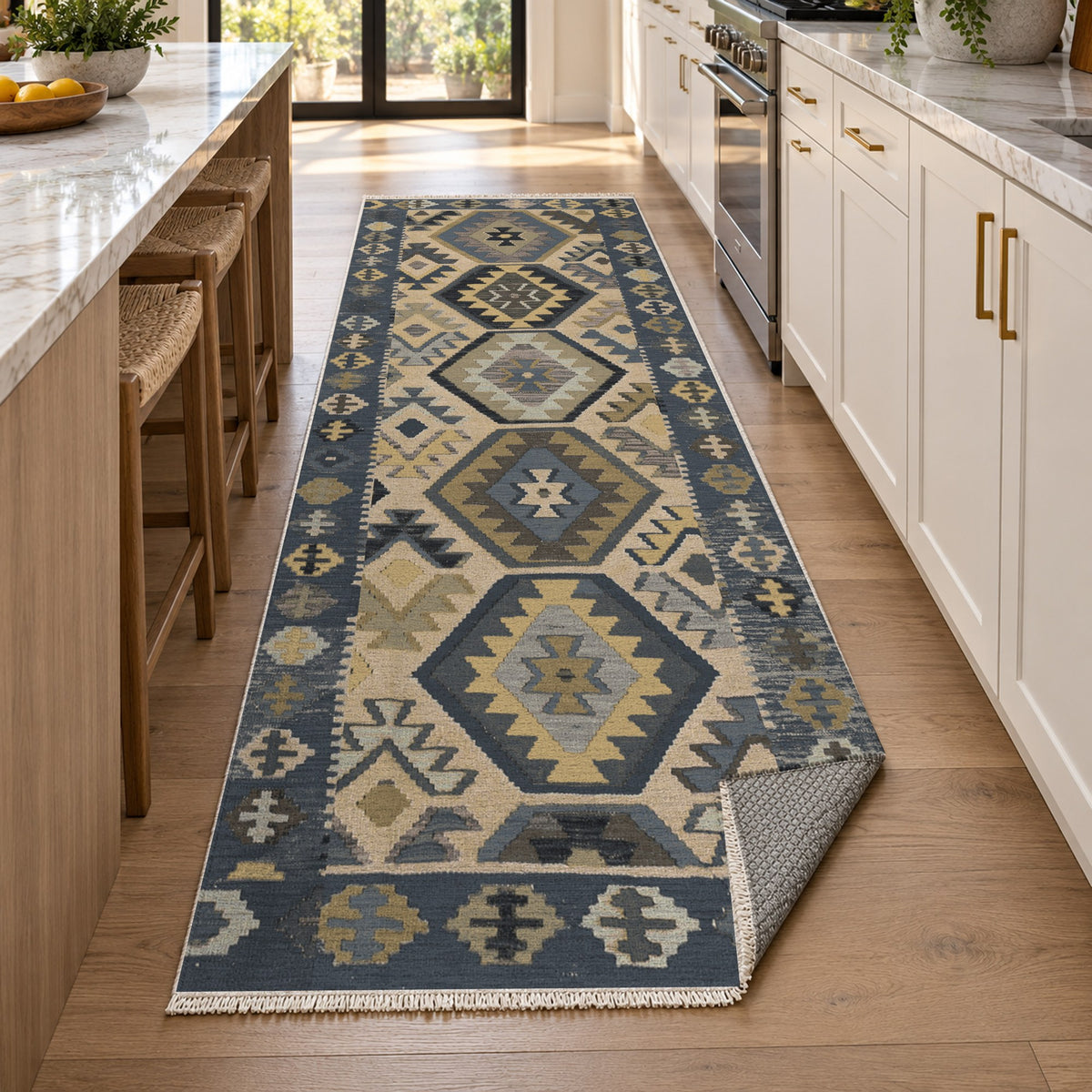 Kilim Hex Charcoal Ethnic Washable Rug — new york kitchen runner