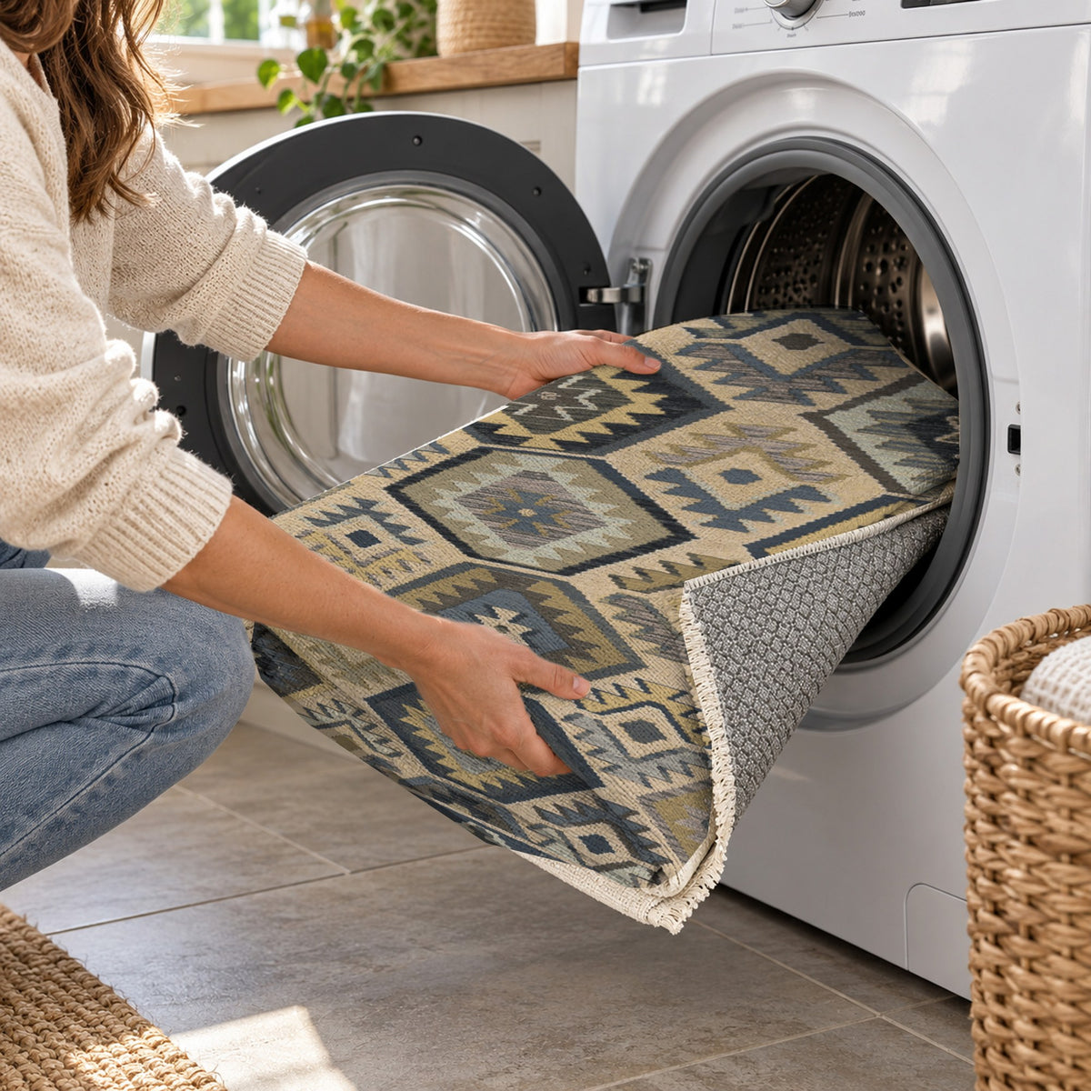Kilim Hex Charcoal Ethnic Washable Rug — washing machine