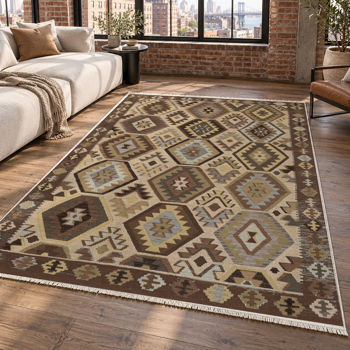 Kilim Hex Chocolate Ethnic Washable Rug — new york living