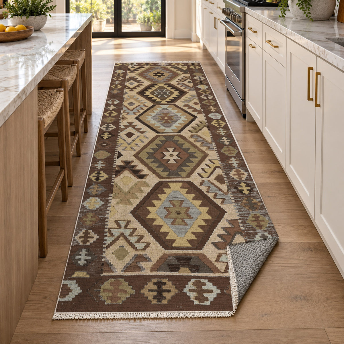 Kilim Hex Chocolate Ethnic Washable Rug — new york kitchen runner