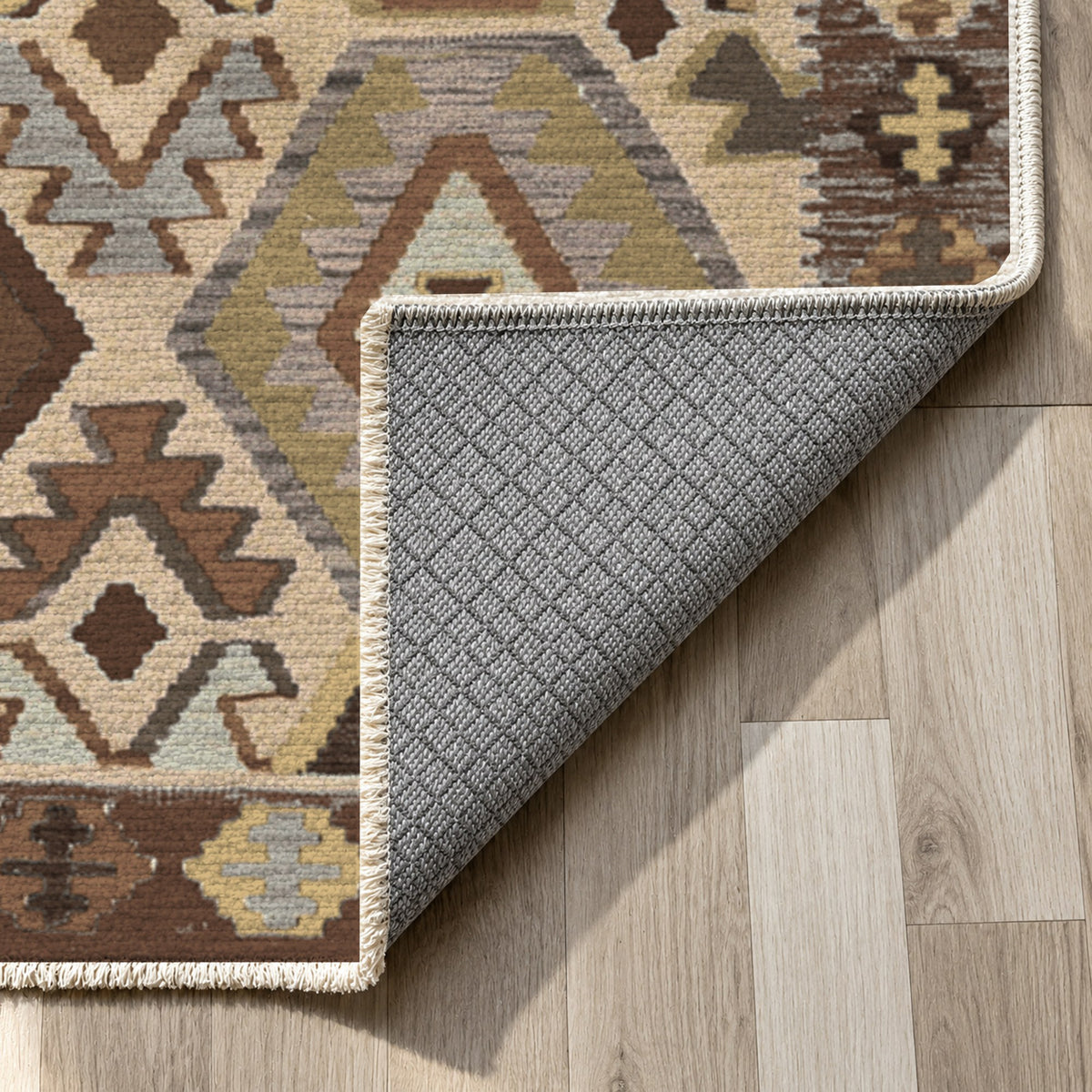 Kilim Hex Chocolate Ethnic Washable Rug — backing close up
