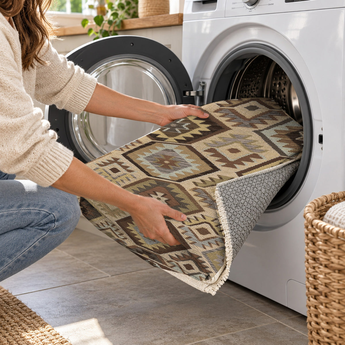 Kilim Hex Chocolate Ethnic Washable Rug — washing machine