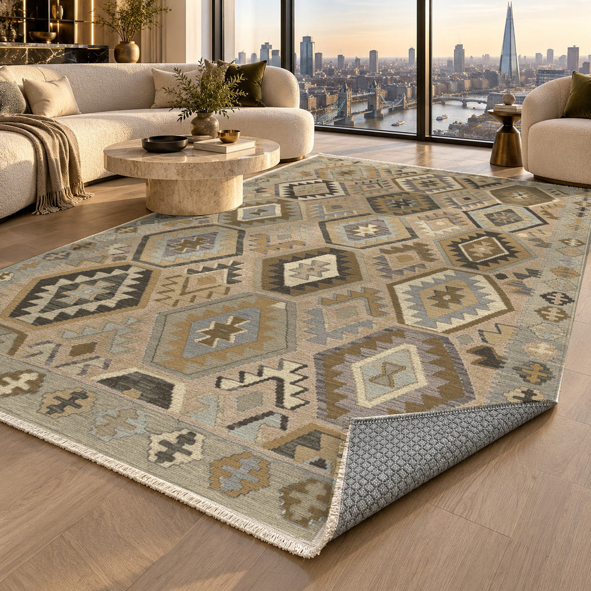 Kilim Hex Cream Ethnic Washable Rug — london luxury living