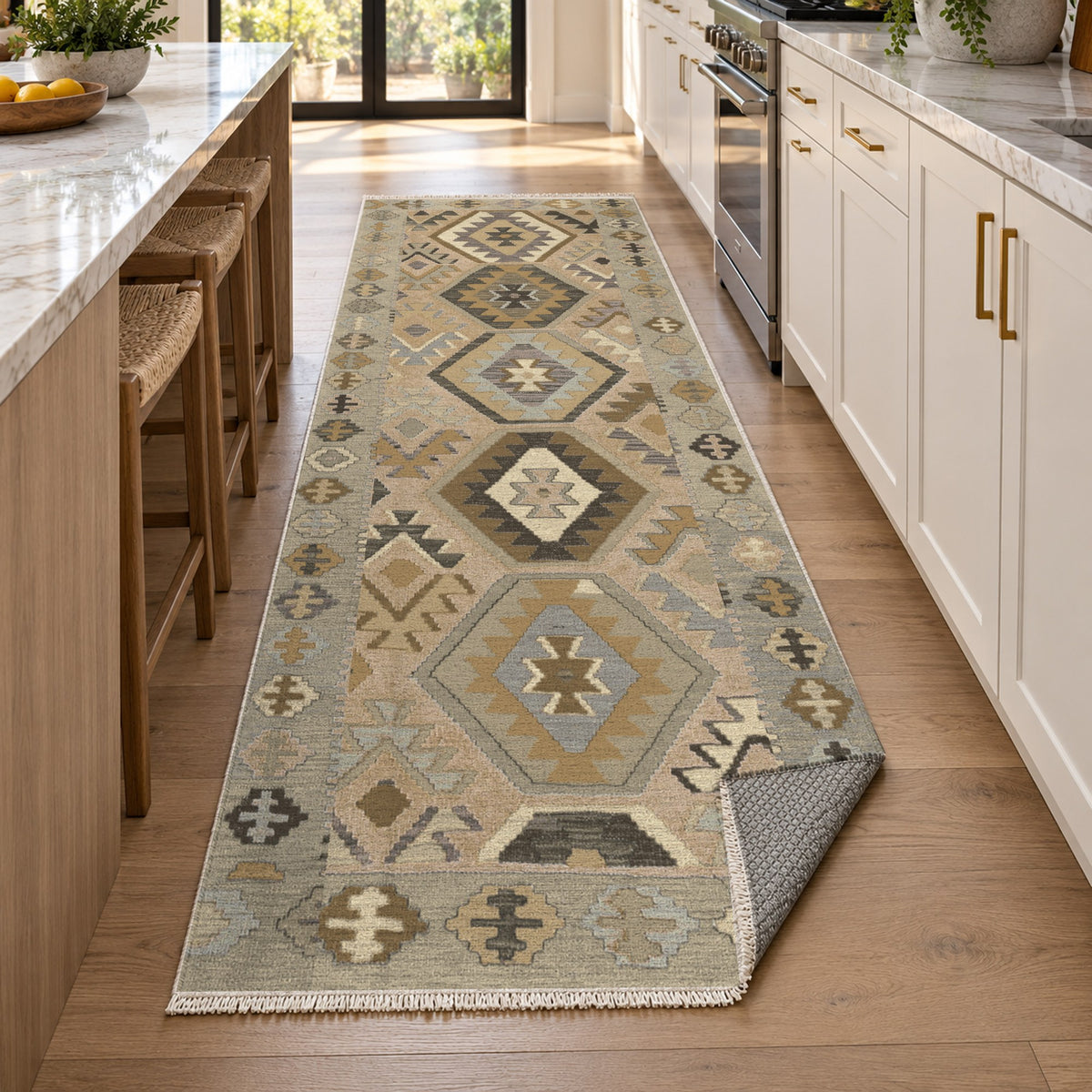 Kilim Hex Cream Ethnic Washable Rug — new york kitchen runner