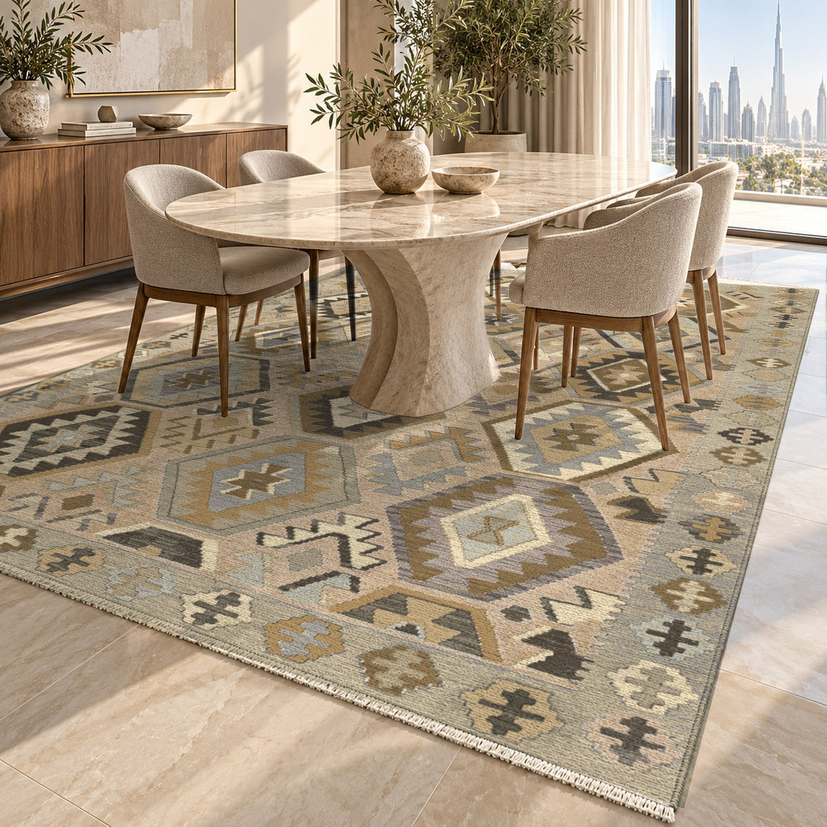 Kilim Hex Cream Ethnic Washable Rug — dubai dining