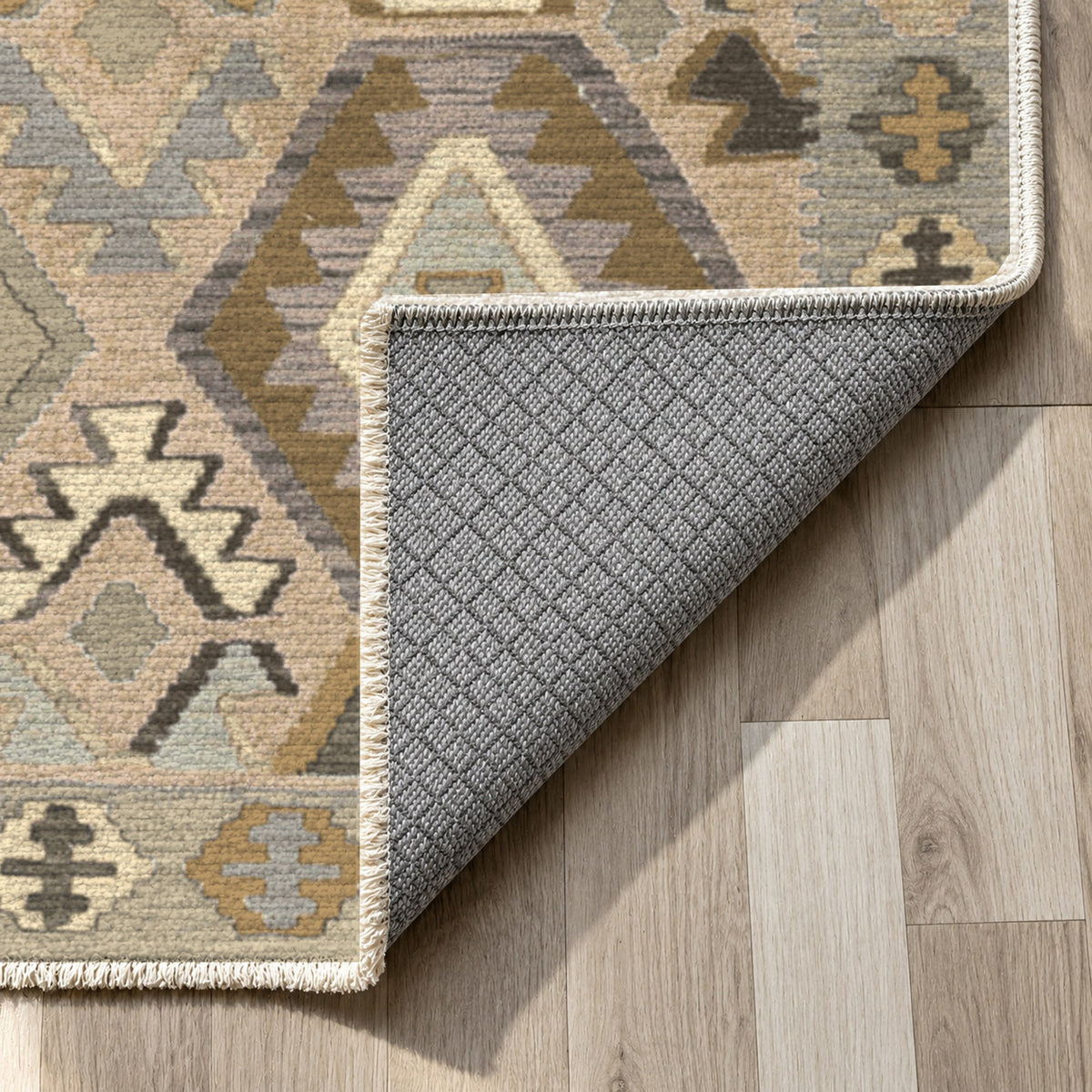Kilim Hex Cream Ethnic Washable Rug — backing close up