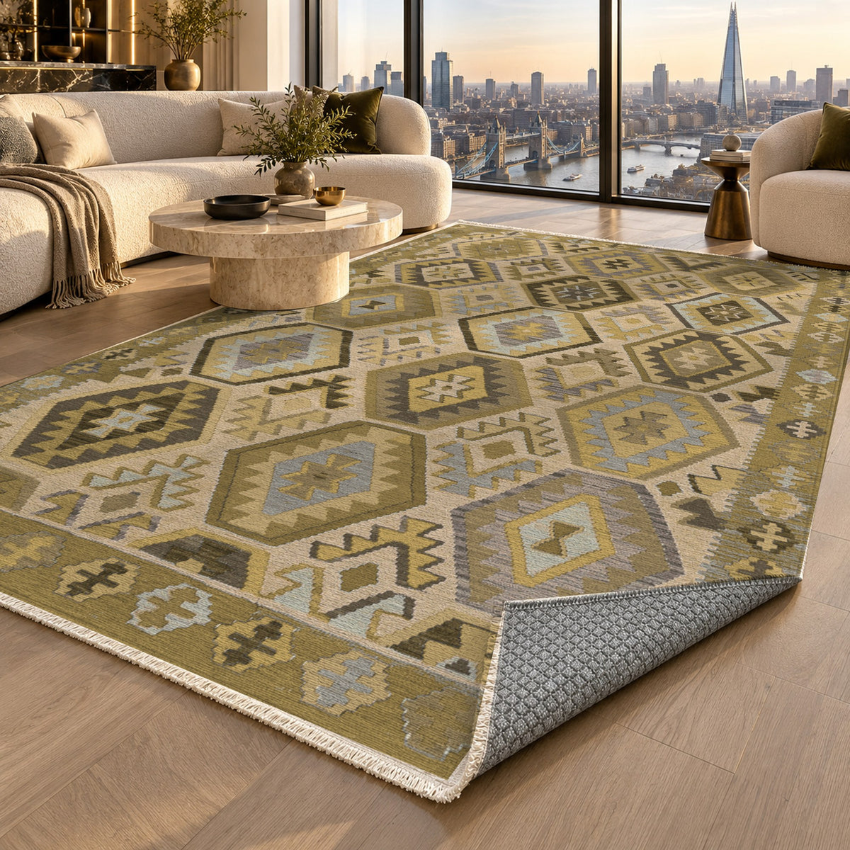 Kilim Hex Muted Gold Ethnic Washable Rug — london luxury living