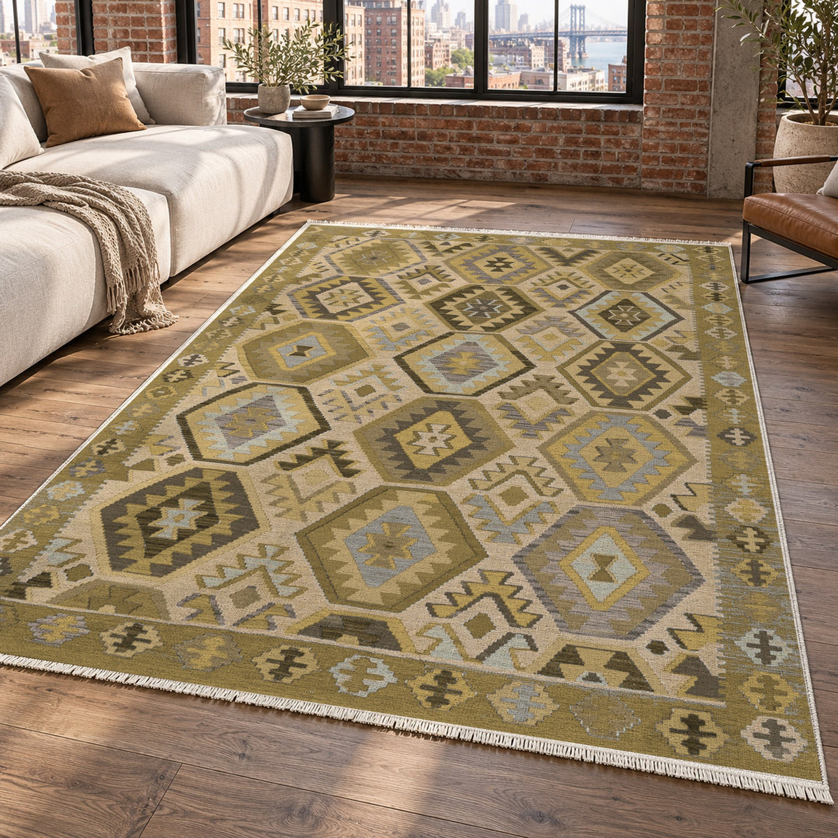 Kilim Hex Muted Gold Ethnic Washable Rug — new york living