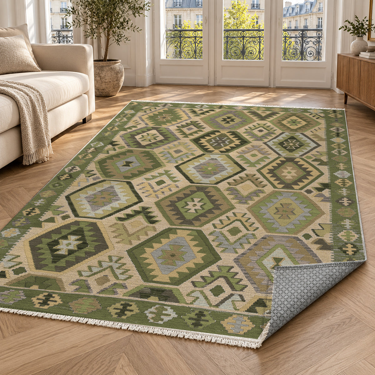Kilim Hex Olive Ethnic Washable Rug — paris living