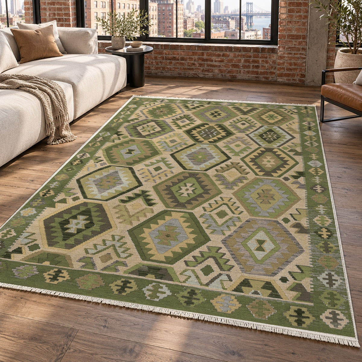 Kilim Hex Olive Ethnic Washable Rug — new york living