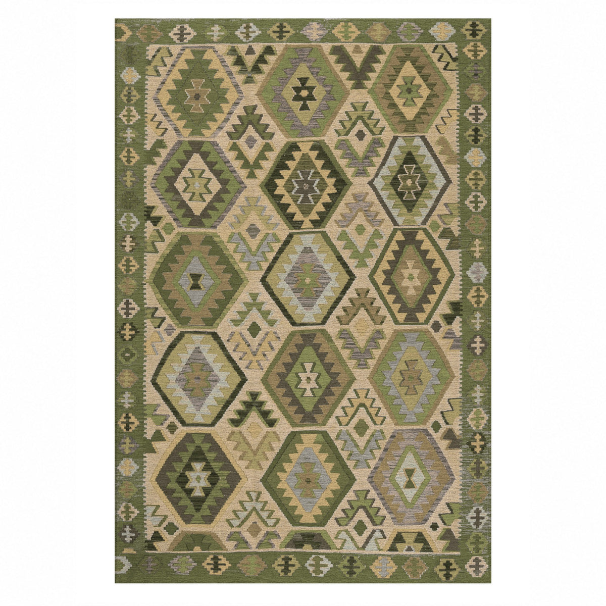 Kilim Hex Olive Ethnic Washable Rug — top view