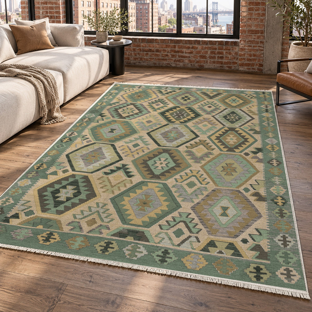 Kilim Hex Sage Ethnic Washable Rug — new york living