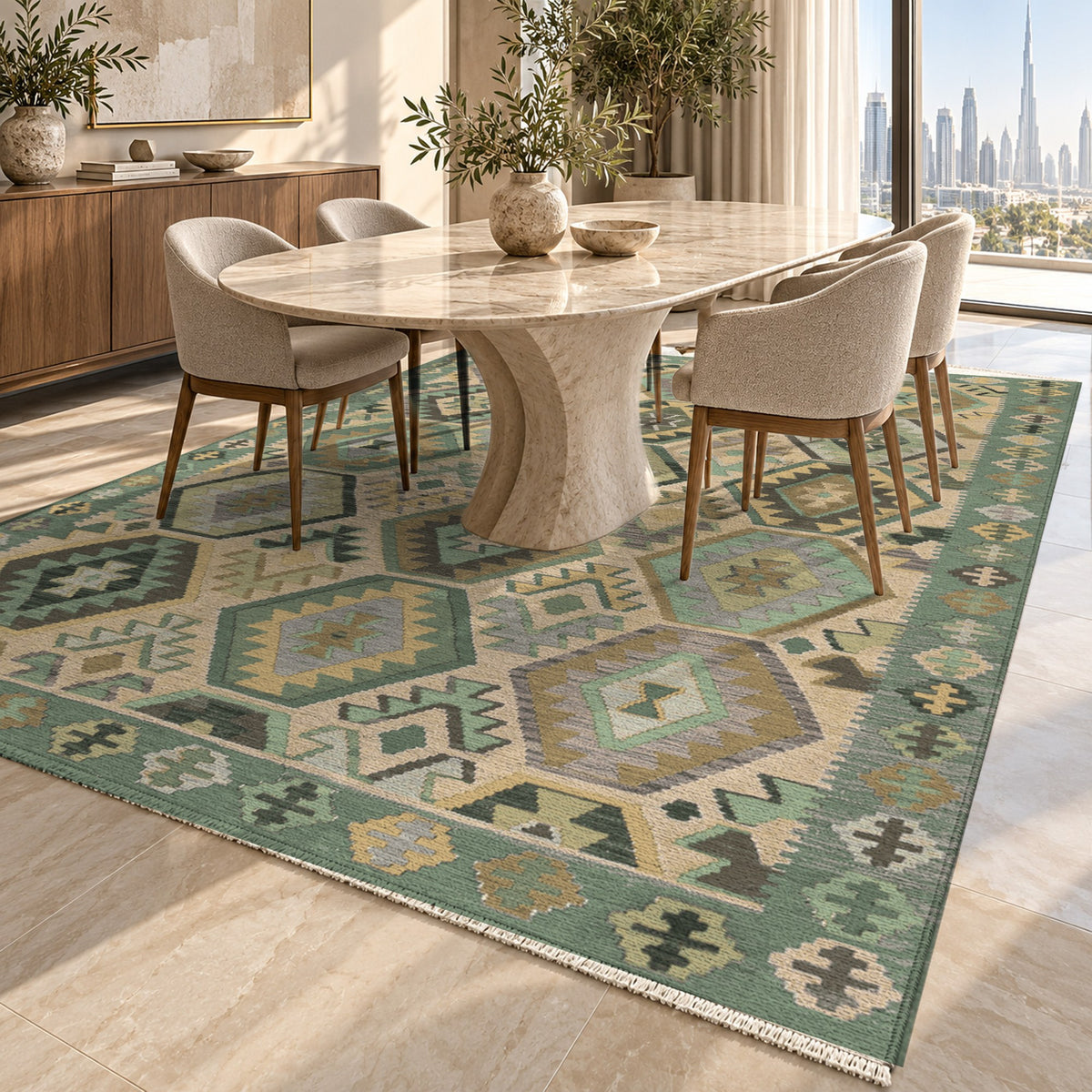Kilim Hex Sage Ethnic Washable Rug — dubai dining