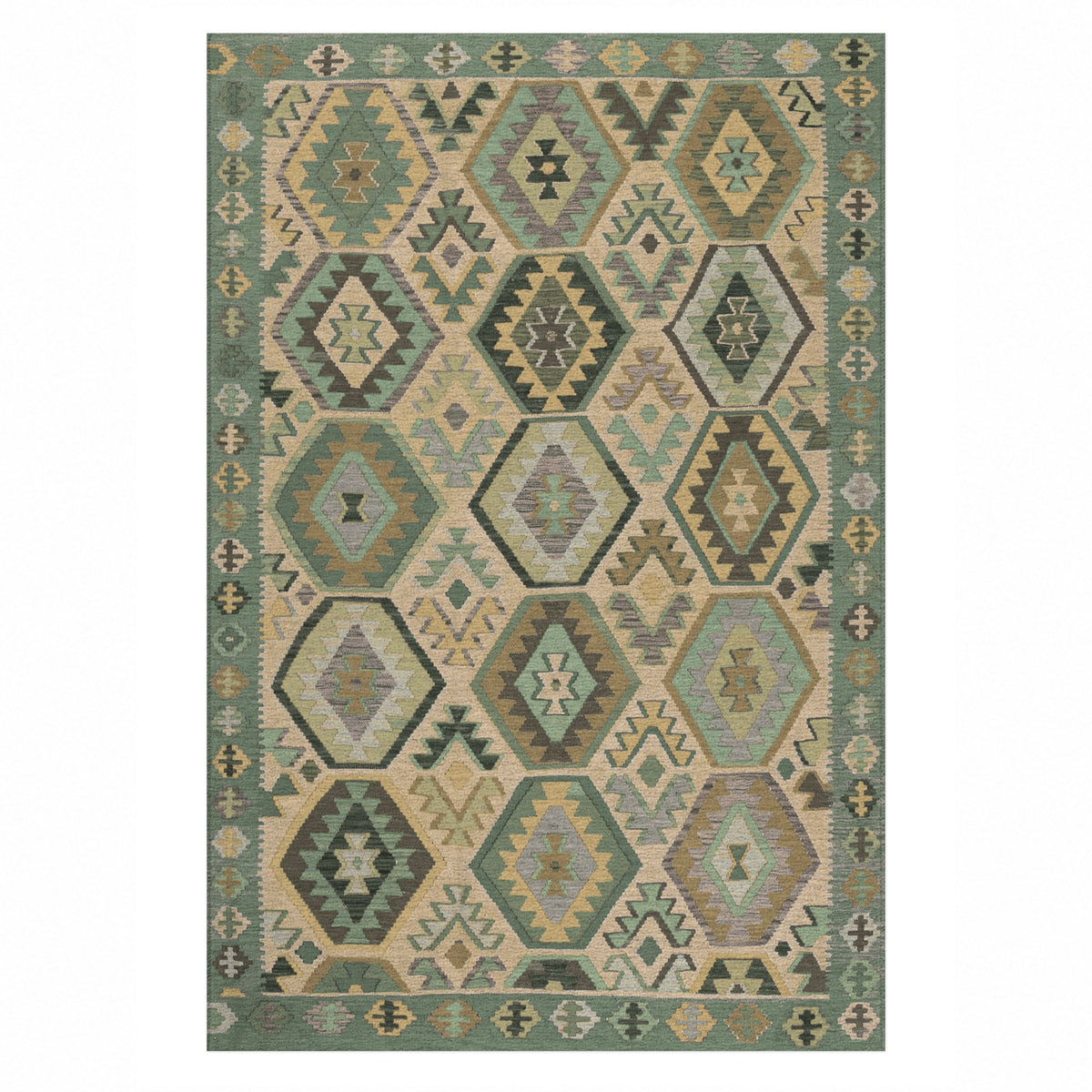 Kilim Hex Sage Ethnic Washable Rug — top view
