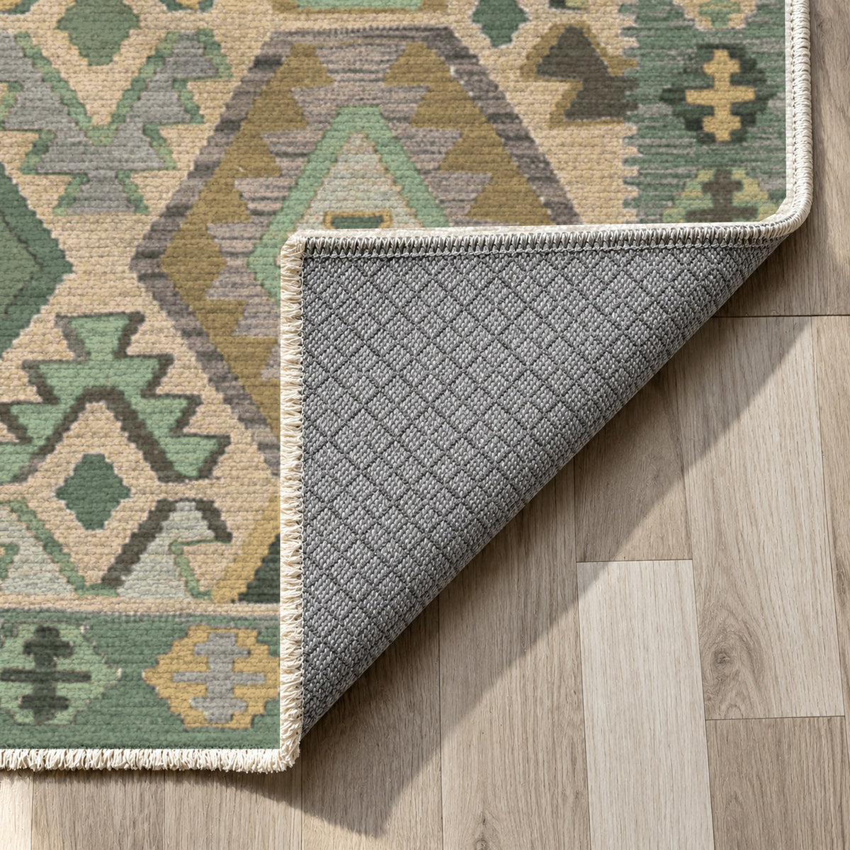 Kilim Hex Sage Ethnic Washable Rug — backing close up