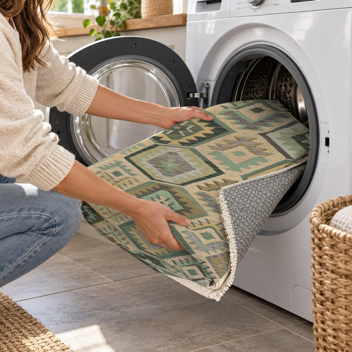 Kilim Hex Sage Ethnic Washable Rug — washing machine