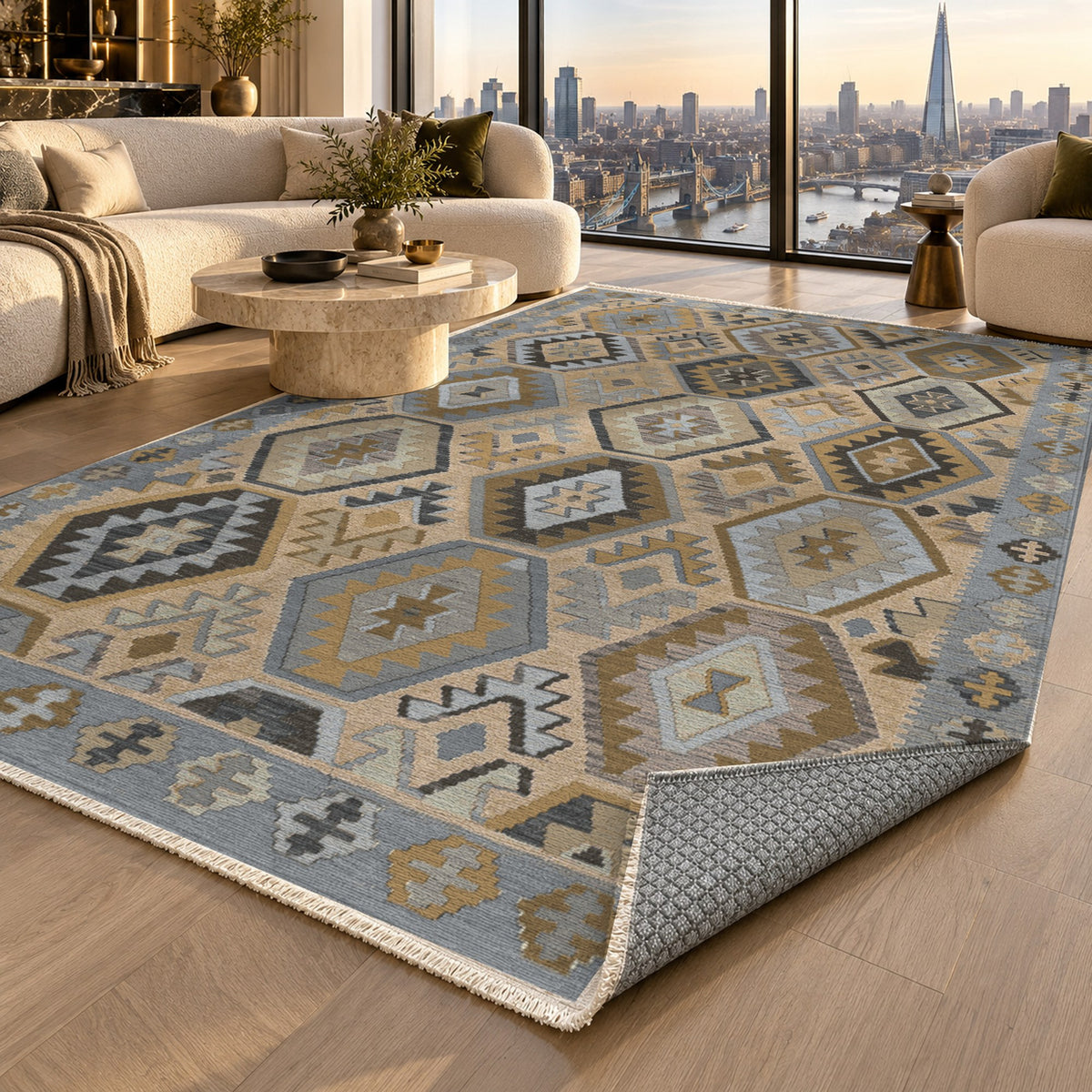 Kilim Hex Silver Grey Ethnic Washable Rug — london luxury living