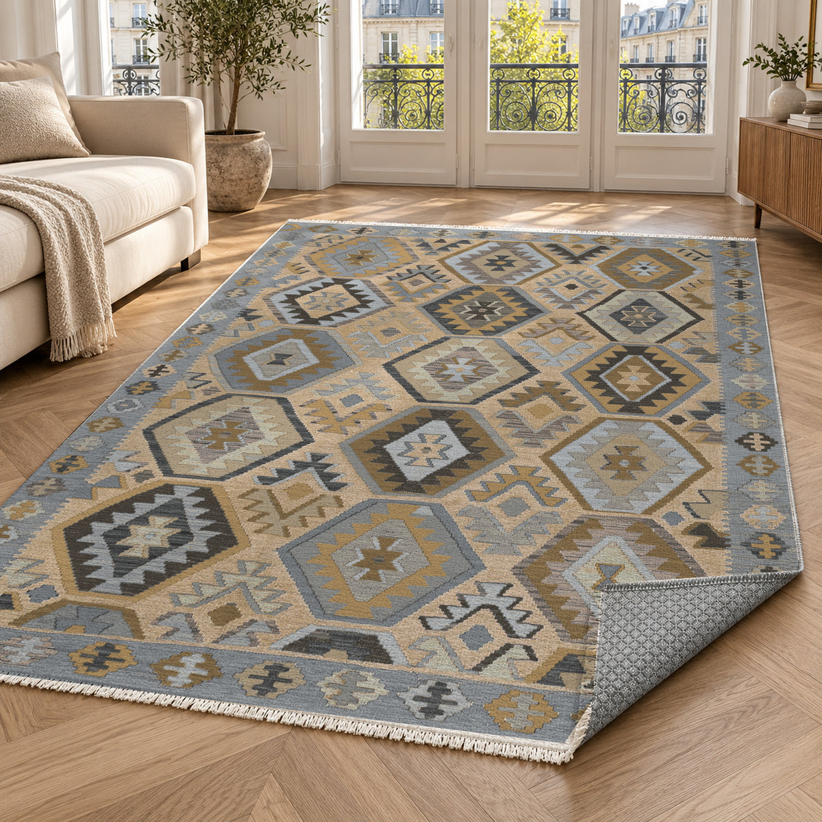Kilim Hex Silver Grey Ethnic Washable Rug — paris living