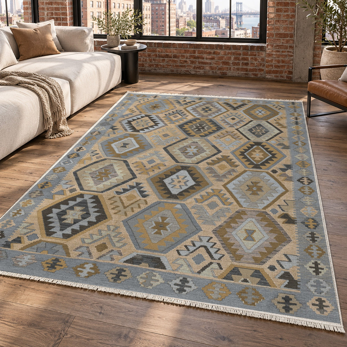 Kilim Hex Silver Grey Ethnic Washable Rug — new york living