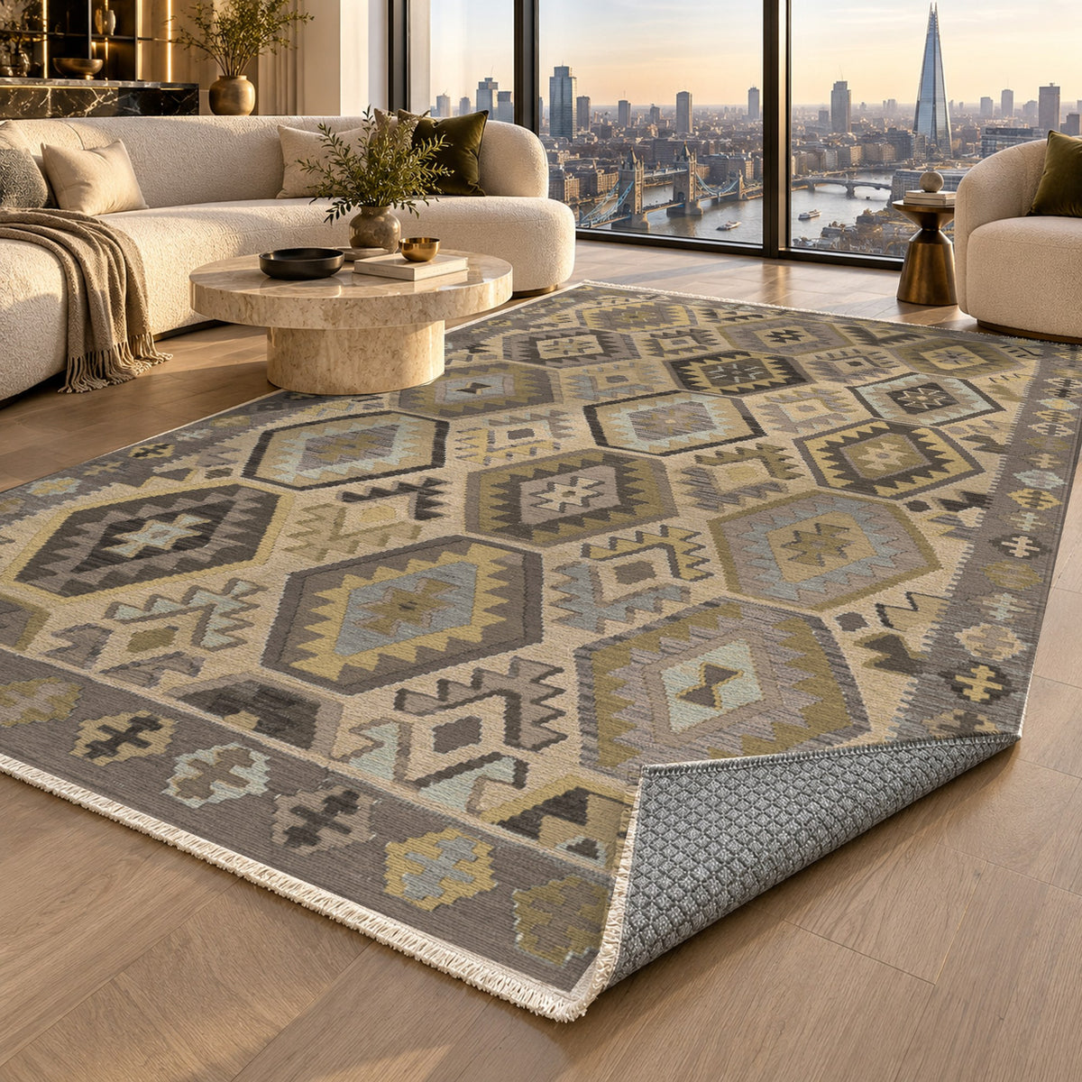 Kilim Hex Taupe Ethnic Washable Rug — london luxury living