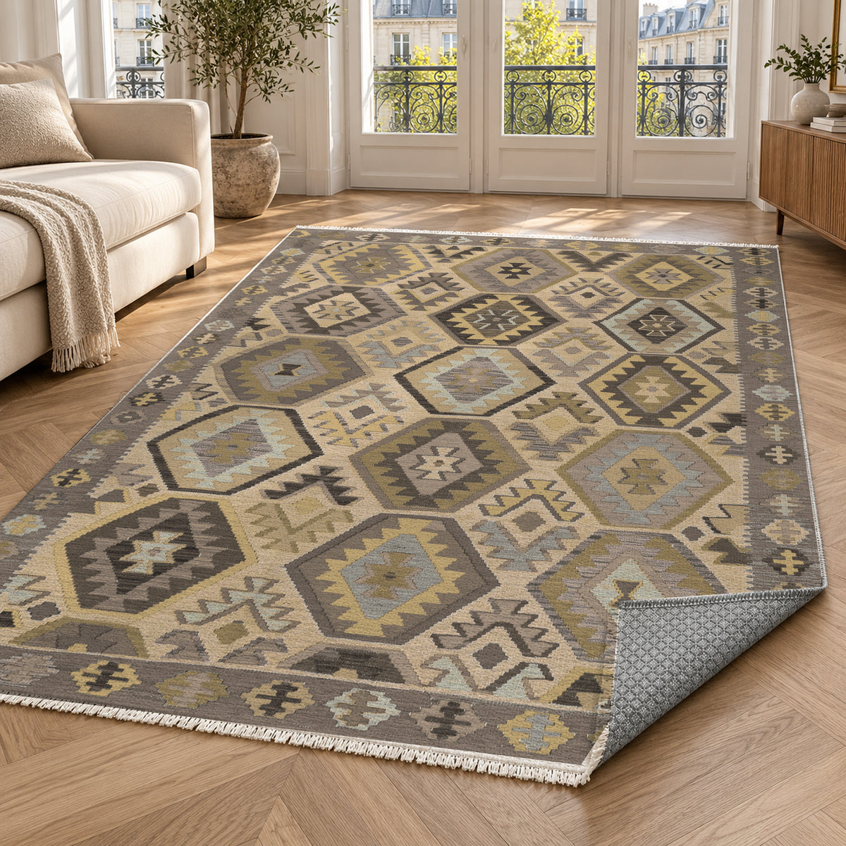 Kilim Hex Taupe Ethnic Washable Rug — paris living