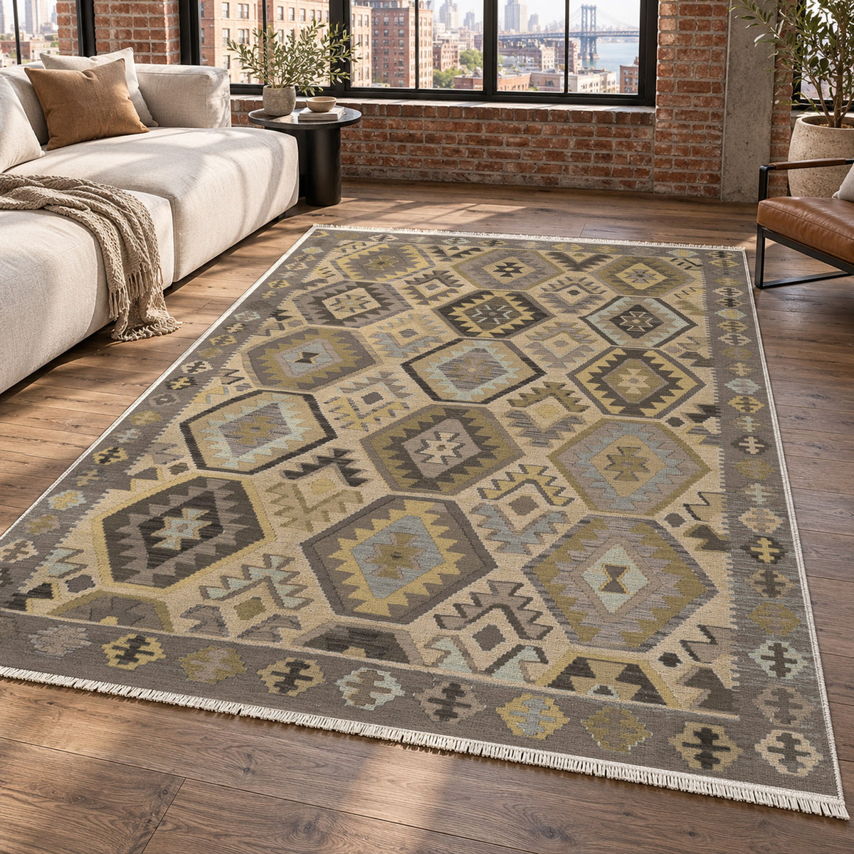 Kilim Hex Taupe Ethnic Washable Rug — new york living