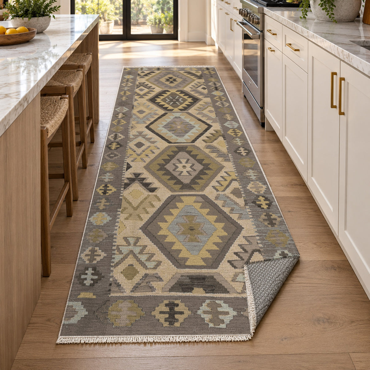 Kilim Hex Taupe Ethnic Washable Rug — new york kitchen runner