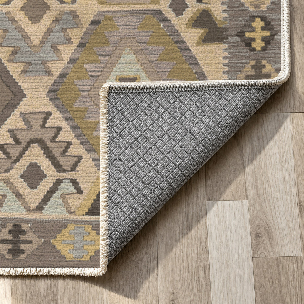 Kilim Hex Taupe Ethnic Washable Rug — backing close up