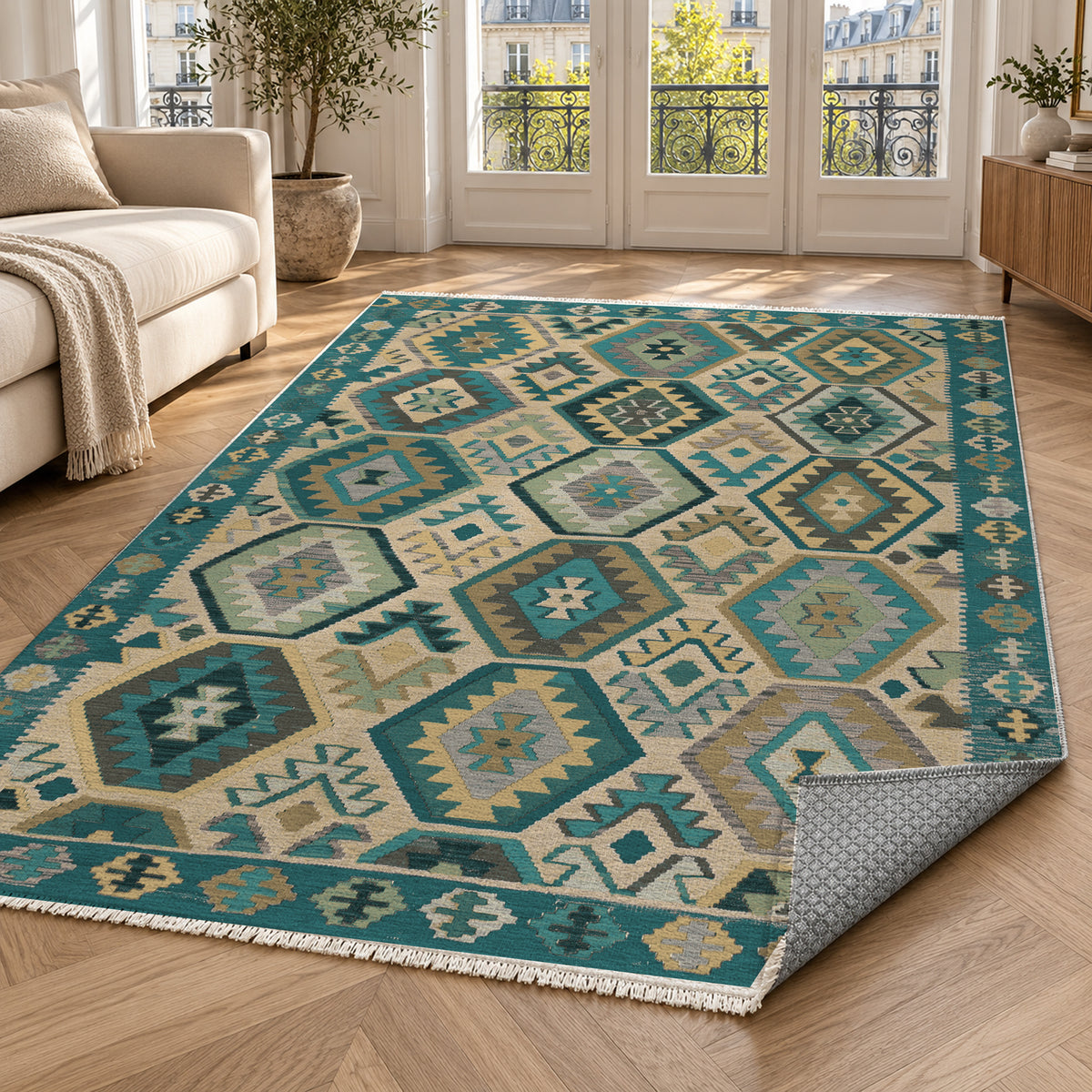Kilim Hex Teal Ethnic Washable Rug — paris living