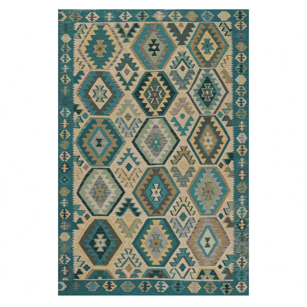 Kilim Hex Teal Ethnic Washable Rug — top view