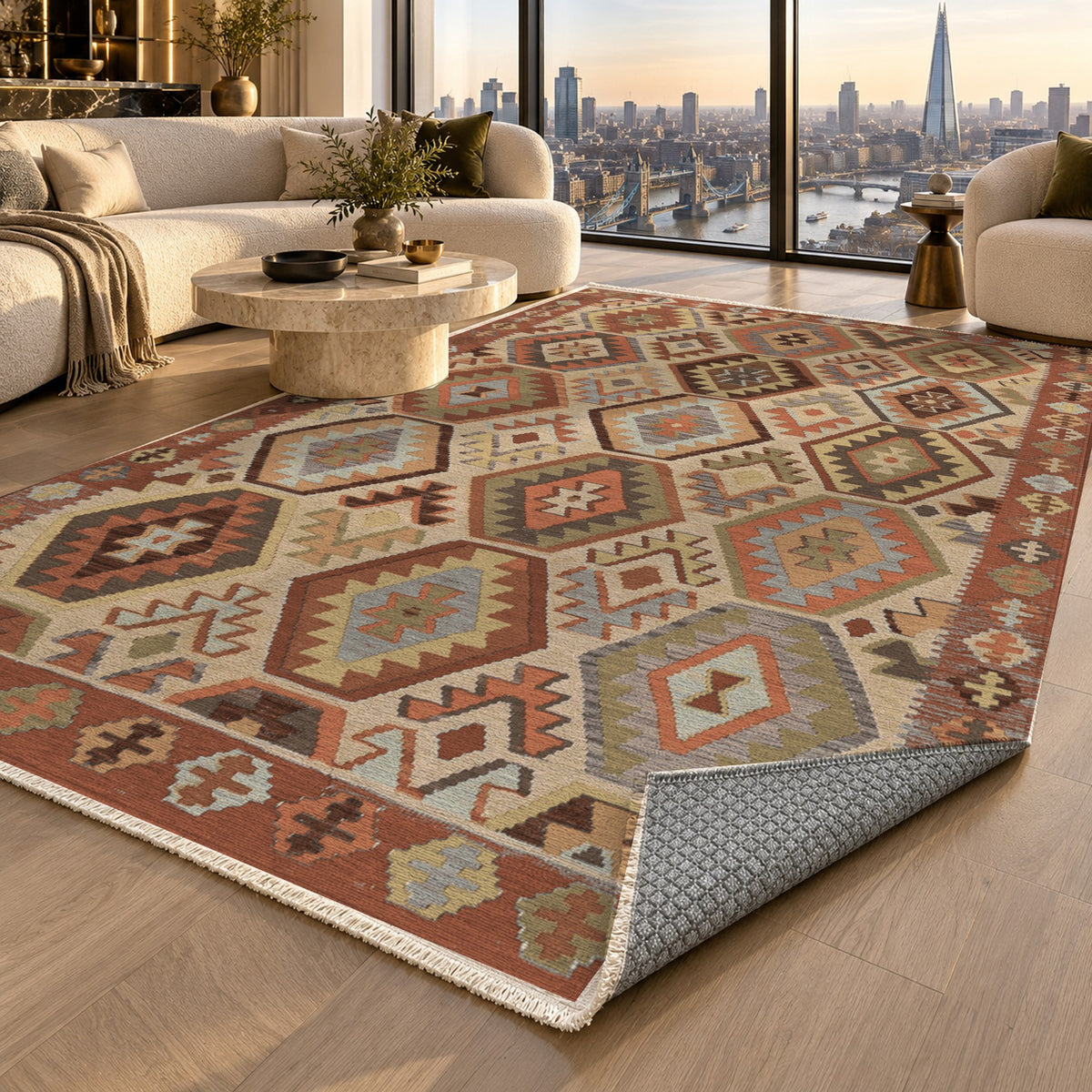 Kilim Hex Terracotta Ethnic Washable Rug — london luxury living