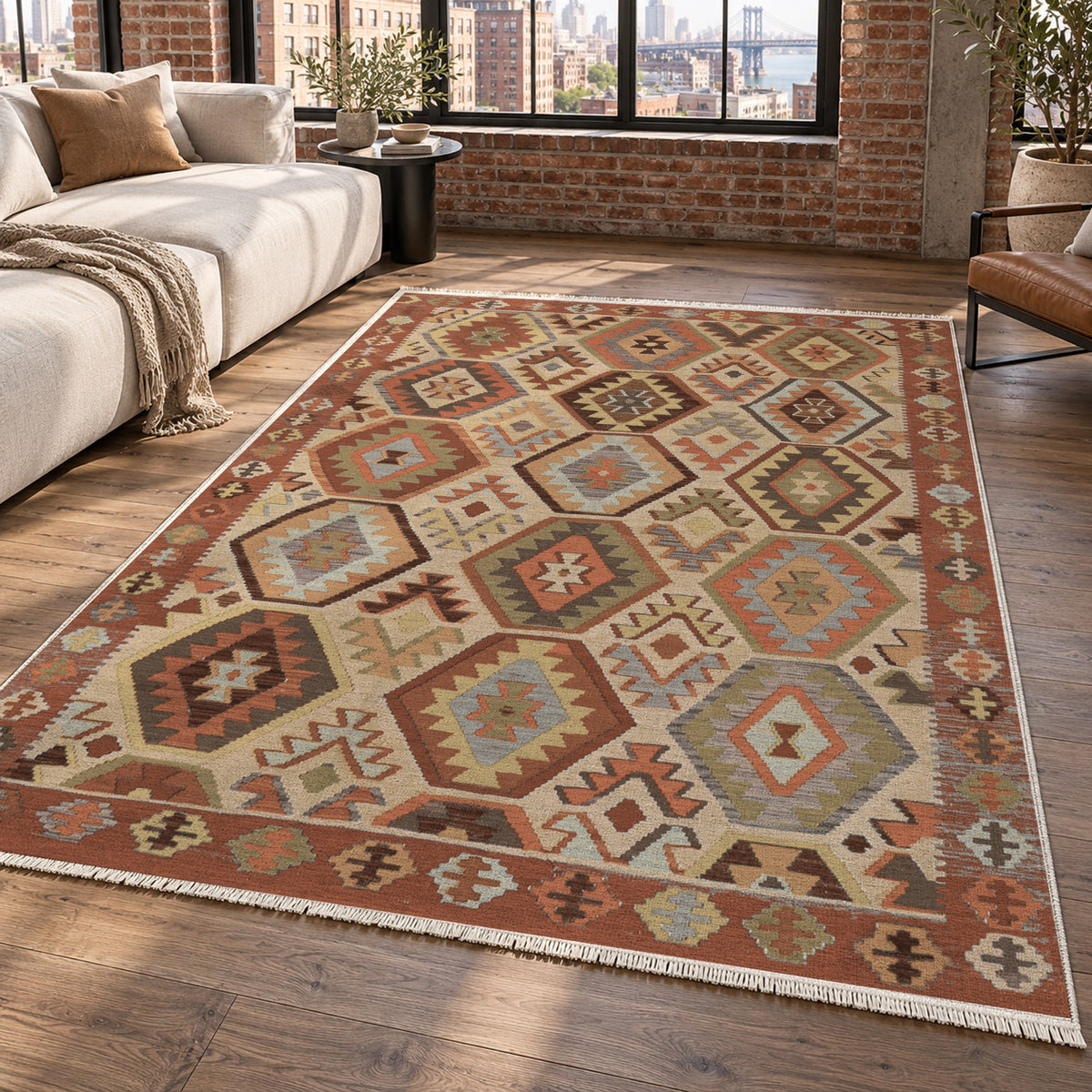 Kilim Hex Terracotta Ethnic Washable Rug — new york living